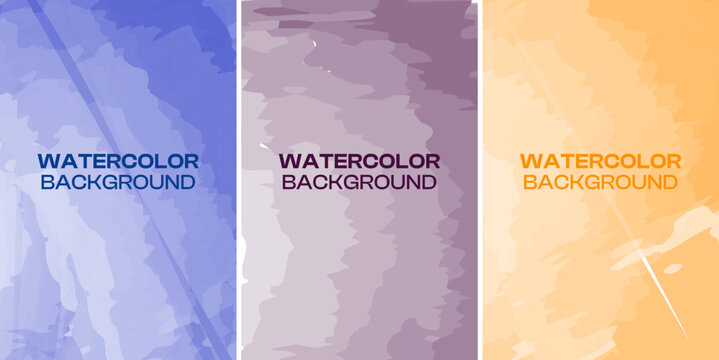 Set of three abstract watercolor background textures in blue, purple, and orange colors