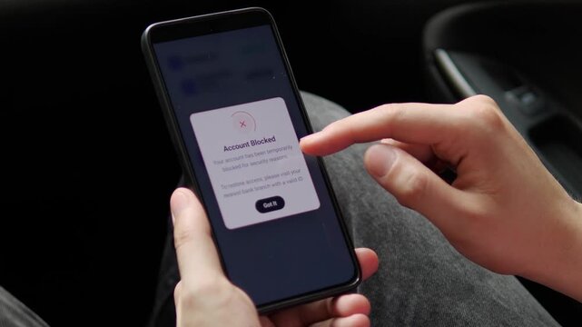 User attempts a secure mobile payment as transaction processing triggers an account block, highlighting fraud prevention, fintech security and digital payment risk controls.