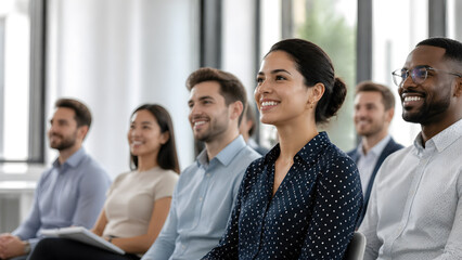Obraz premium diverse group of happy business professional smiling and listening attentively during seminar conference meeting indoors