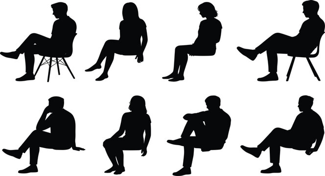 Set of black silhouettes representing people sitting on chairs in various poses, isolated on a white background, architectural visualization and interior