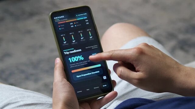 Traveler reviews a mobile trip dashboard combining budget allocation, weather outlook and readiness status, reflecting the rise of data-driven journey planning.