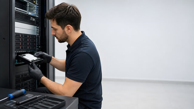 Technician installing hard drive into server rack wearing black gloves inside modern data center room
