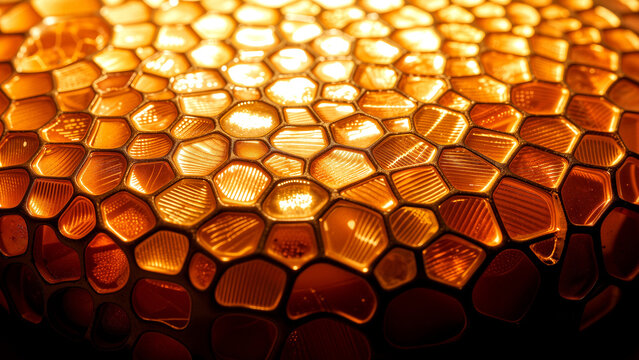 Close-up of a honeycomb-like glass lamp with warm orange light
