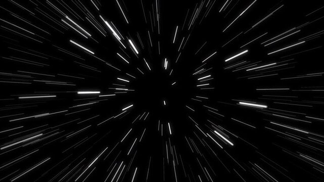 Animated white light streaks rushing through a dark tunnel, creating a fast futuristic motion effect with strong depth and perspective with alpha channel