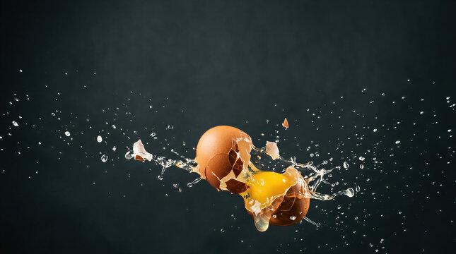 Cracked egg splashing through water. Fresh food ingredient and cooking concept with dramatic motion, protein nutrition, breakfast preparation, and creative culinary advertising copy space.