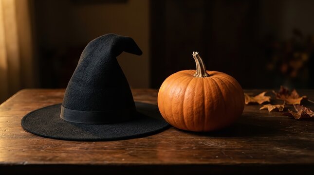 Halloween witch hat and orange pumpkin on rustic wooden table in dark room with halloween