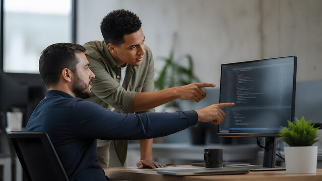 Two programmer discussing code displayed on computer monitor screen inside modern office workspace together today