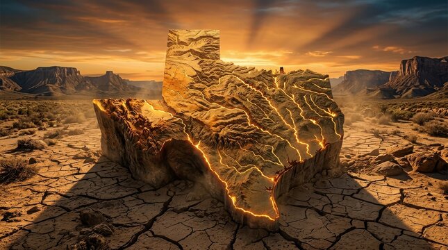 3 d map of texas state with glowing fault lines in a cracked desert landscape at sunset