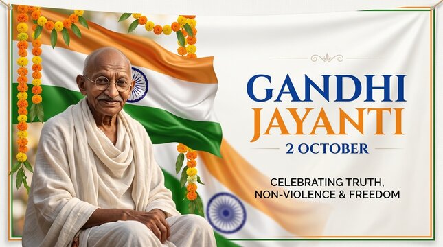Gandhi jayanti celebration banner with portrait of mahatma gandhi, indian flag background, and marigold flower garlands, honoring truth, nonviolence, and freedom