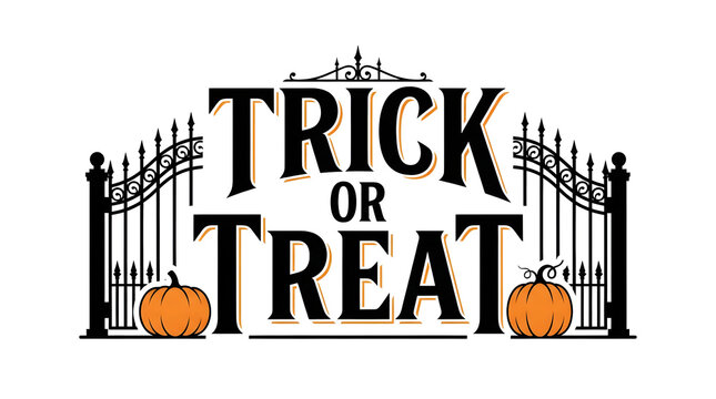 Halloween trick or treat vintage sign with pumpkins and iron gate illustration