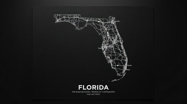 Minimalist map of florida, white road network lines on a solid black background cartography