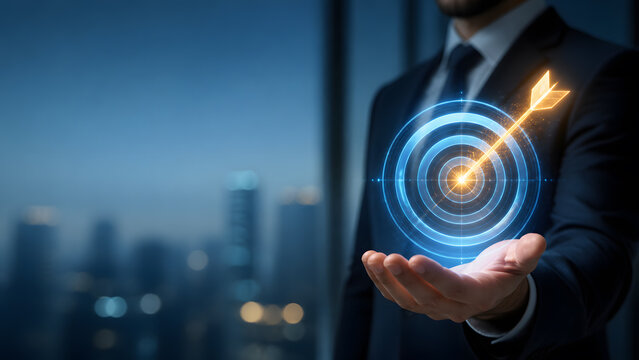 businessman holding glowing digital target hologram with golden arrow hitting bullseye center in modern office building