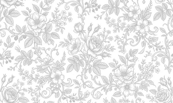Vintage floral seamless pattern with roses and leaves isolated on white background