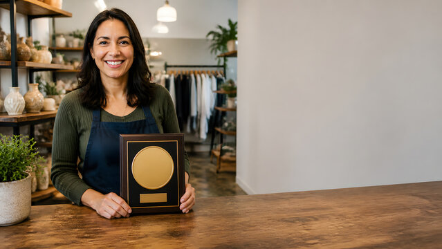 smiling small business owner wearing apron holding blank wooden award plaque inside cozy boutique shop