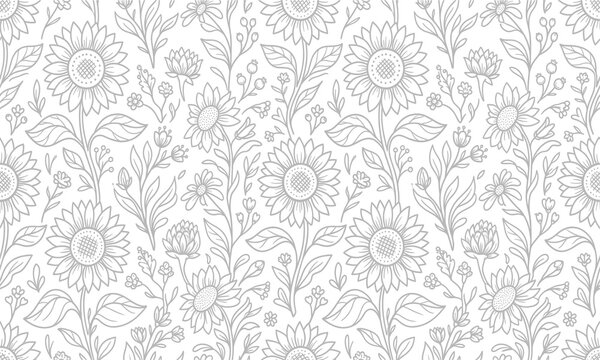 Seamless floral pattern with sunflowers and plants line art