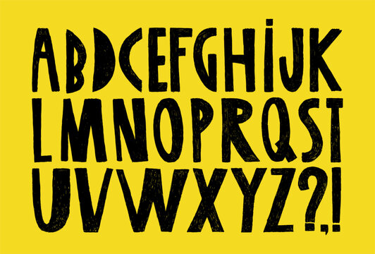 Vector funny handwritten alphabet on yellow background. Free written letters  in cute childish style. Hand drawn font with crayon texture. Sketch alphabet letters for school or kindergarten. Kids vect