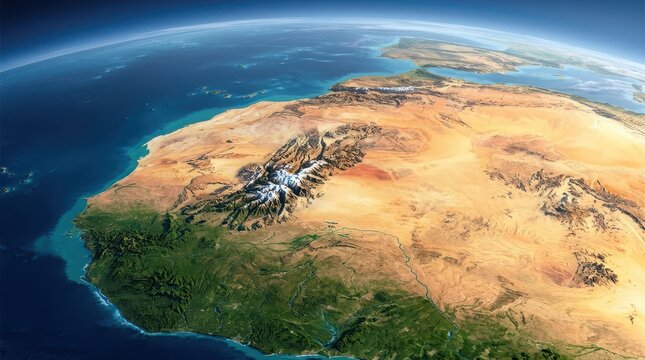 Satellite view of north africa, sahara desert, and atlantic ocean coastline from space