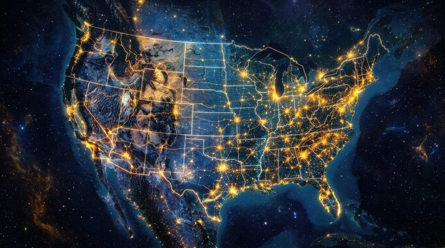 Satellite view of united states at night with glowing city lights and state borders