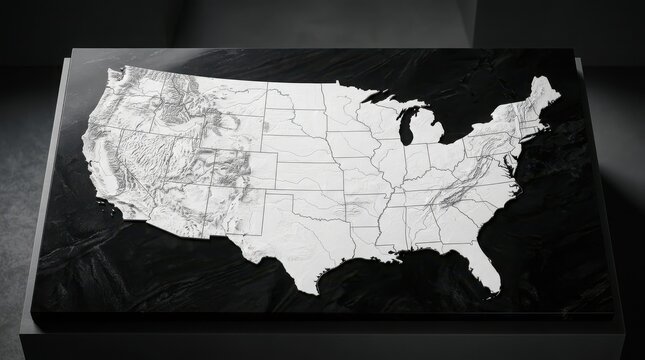 Topographic map of the united states with state borders on a dark textured background