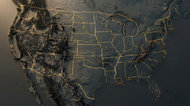 Topographic 3 d relief map of the united states with glowing gold state border lines