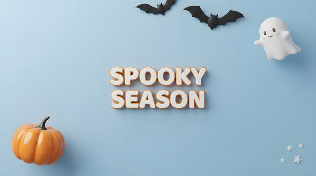 Halloween spooky season flat lay with pumpkin, bats, and ghost on pastel background