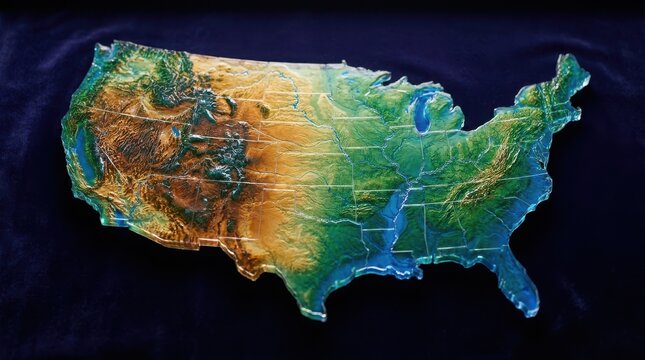 Topographic relief map of the united states of america with state borders on dark blue background