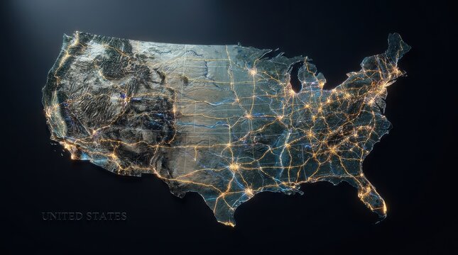 Topographic relief map of the united states with glowing network of city lights at night