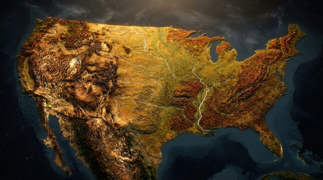 Topographic relief map of the united states, featuring mountain ranges and river systems
