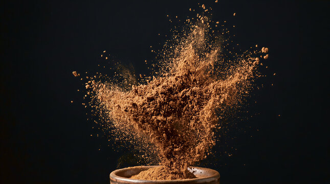 Dynamic burst of cocoa powder erupting from a bowl with dark background. Exploding chocolate dust with copy space