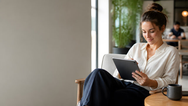 businesswoman sitting on chair using digital tablet in bright office lounge