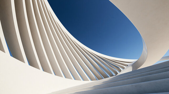 Abstract minimalist architecture with white curved lines against a clear blue sky. Modern structural design concept for artistic background or wallpaper.