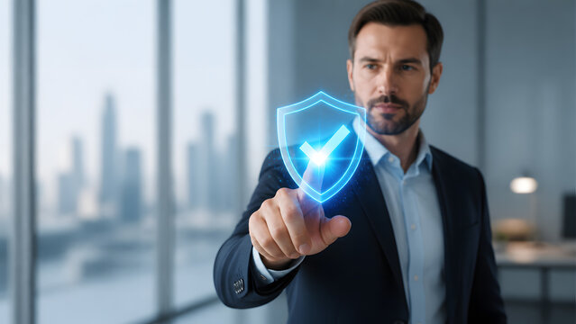 confident businessman touching glowing blue shield checkmark hologram symbolizing verified security approval and trust today