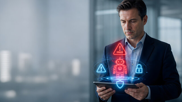 businessman holding tablet with red error robot and blue shield lock warning hologram icons floating