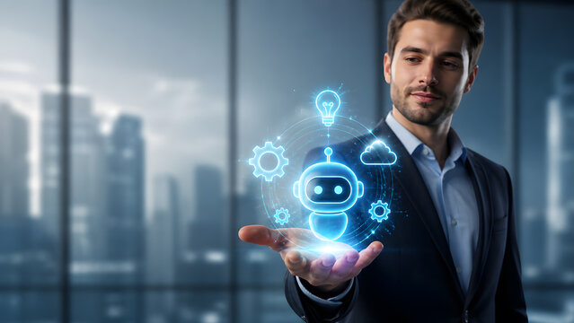 businessman holding glowing blue robot hologram with lightbulb gear and cloud innovation icons floating nearby