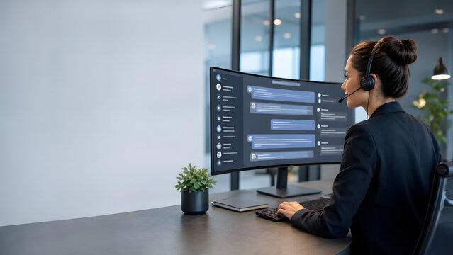 female customer service agent wearing headset working at curved monitor displaying chat conversation messages today