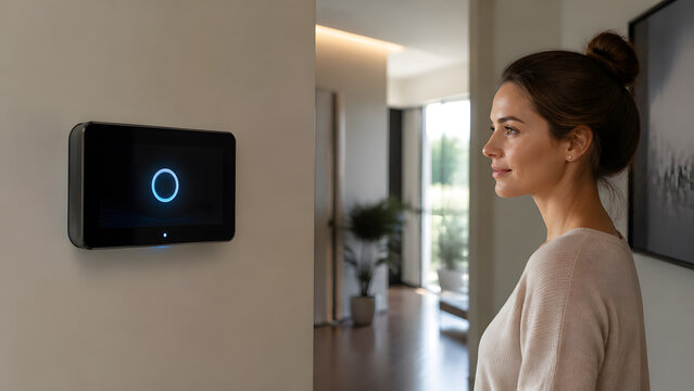 woman gazing at smart home wall panel display with glowing voice assistant circle icon today