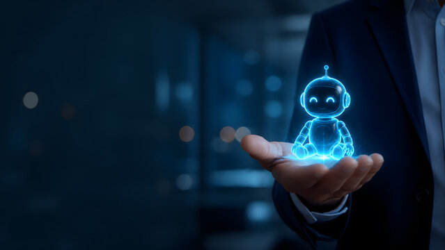 businessman holding cute glowing blue robot hologram sitting playfully in open palm hand closeup view