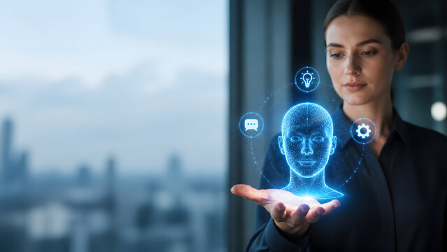 businesswoman viewing digital human head hologram surrounded by idea chat and gear icons near office window