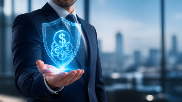 Businessman holding digital shield hologram with dollar euro and yen currency symbols for financial protection service