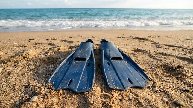 Blue flippers resting on a sandy beach by the ocean waves.