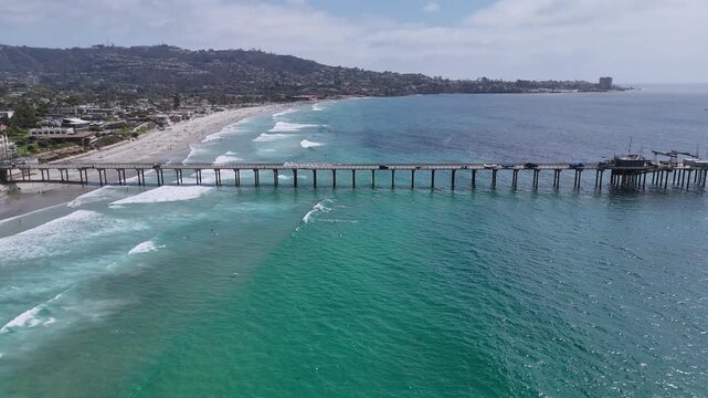 Aerial footage of Scripps pier in La Jolla. Ellen Browning Scripps Memorial Pier, is a research facility operated by the the University of California, San Diego.