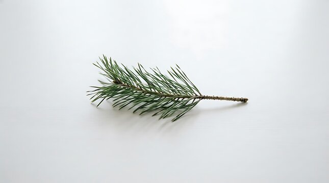 Single green pine needle branch on white background.