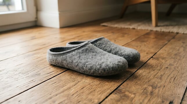 Cozy gray wool slippers on wooden floor near window.