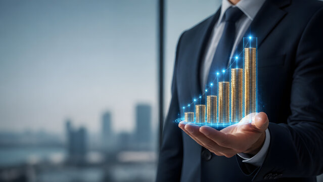 Businessman holding hologram of golden coin stacks forming rising bar graph representing steady financial growth