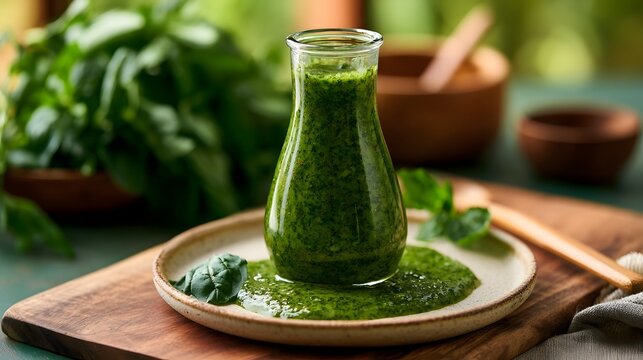Fresh green herb sauce in a glass bottle on a ceramic plate with fresh basil leaves  set on a wooden board with blurred background herbs