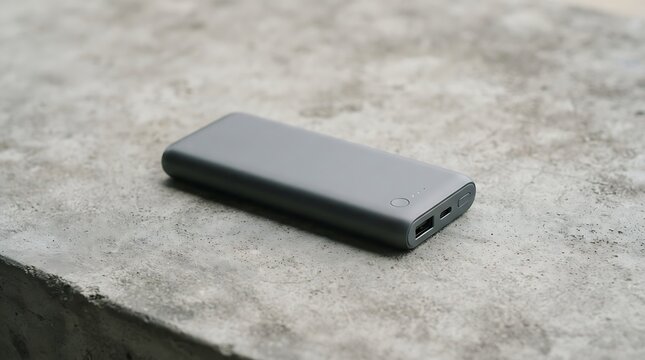 Modern black smartphone lying on rough concrete surface.