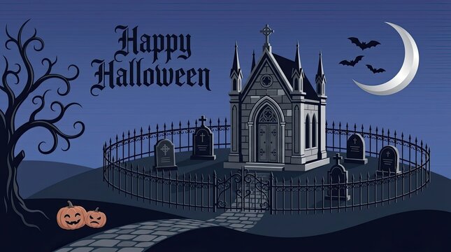 Spooky halloween scene featuring a haunted graveyard with a mausoleum under a crescent moon and night sky