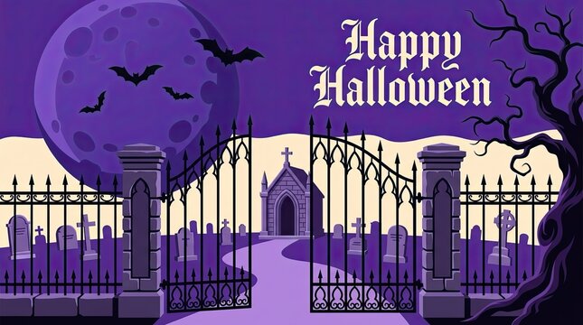Spooky halloween background featuring a graveyard with iron gates under a full moon in purple tones
