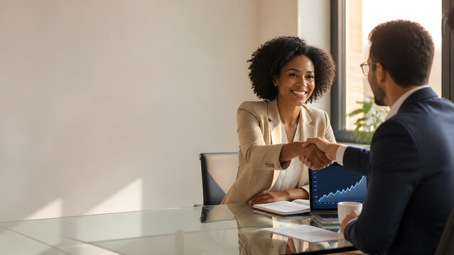Smiling businesswoman and businessman shaking hands after successful meeting with laptop showing rising growth chart