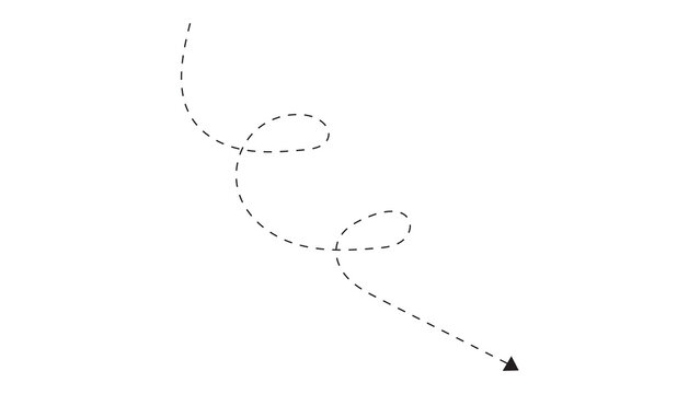 Dotted arrow curve with multiple loops and twists pointing downwards on a white background dashed line pointer shape curved line design element pointer icon arrow sign black arrow movement